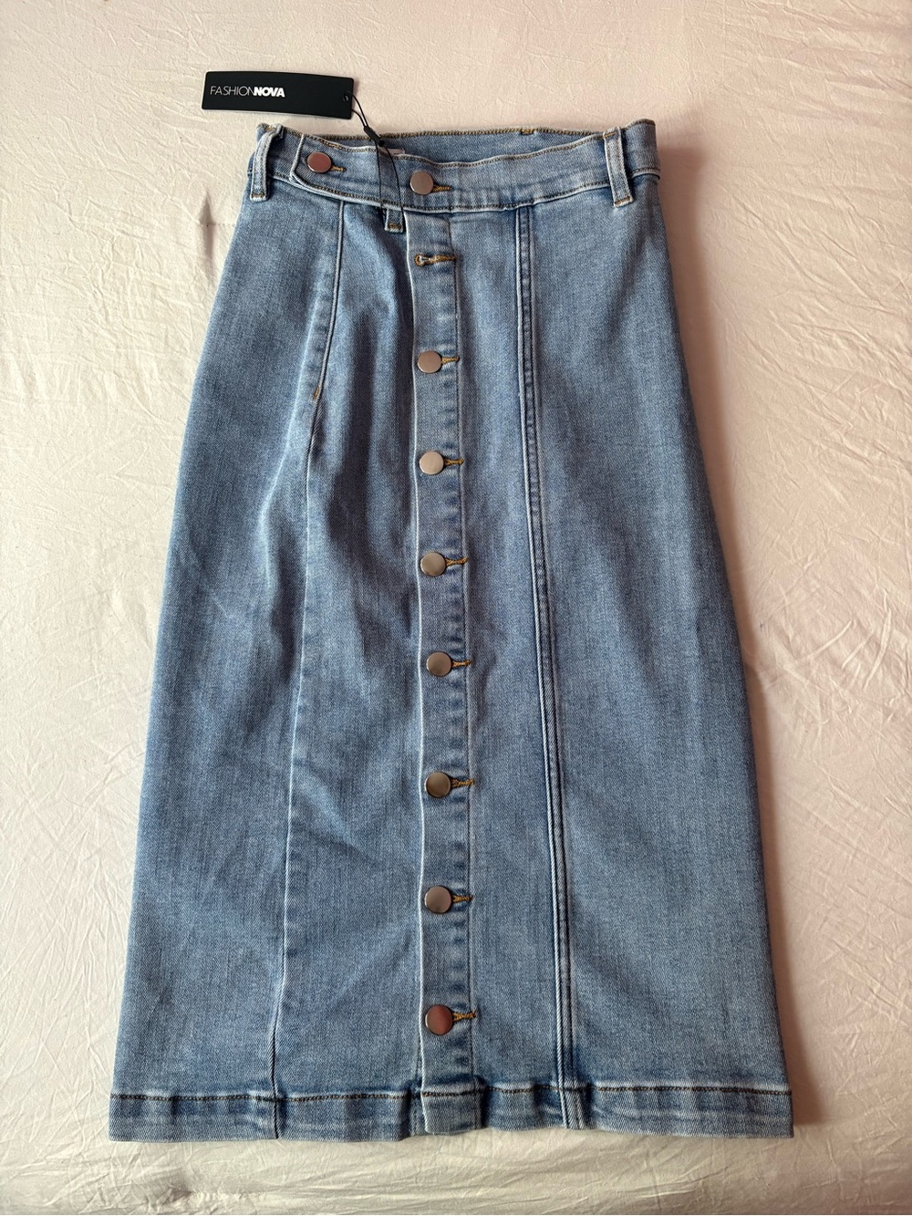 Fashion Nova Light Wash Denim Midi Skirt with Button Front